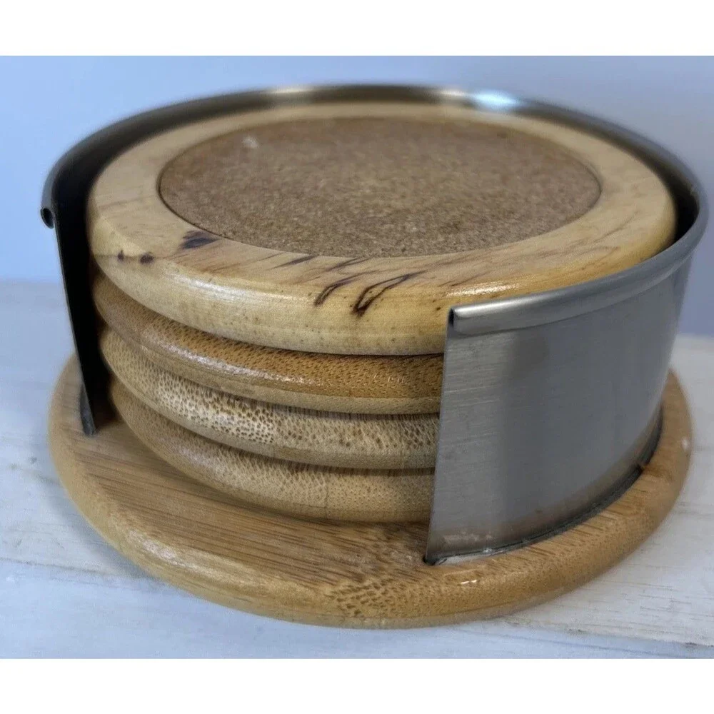 2015 BETTER HOMES Set Of 4 BAMBOO & CORK COASTERS IN Metal Holder